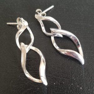 925 Sterling Silver Two Linked Twisted Marquise Dangle Drop High Shine Earrings